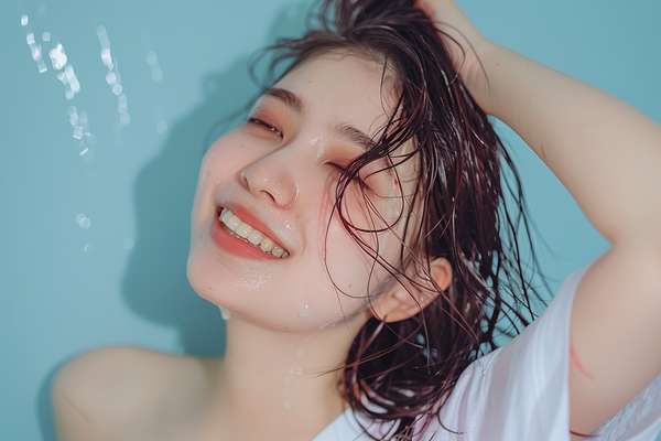 シャワーを浴びて微笑む濡れ髪の女性