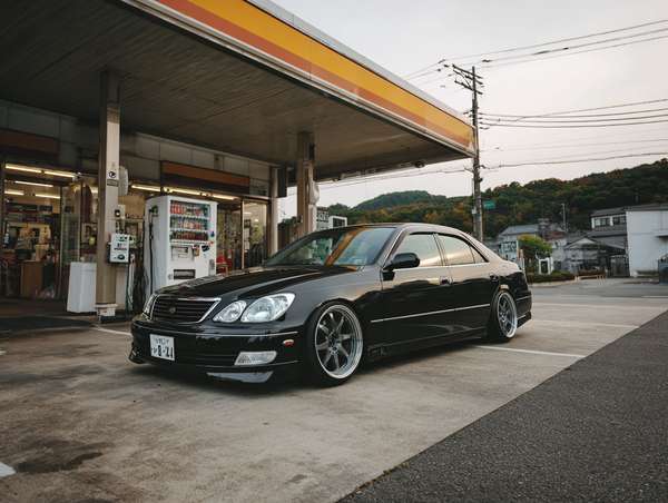 ガソリンスタンドに停車する黒いカスタムセダン