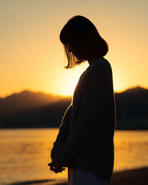 夕暮れ時に佇む女性のシルエット