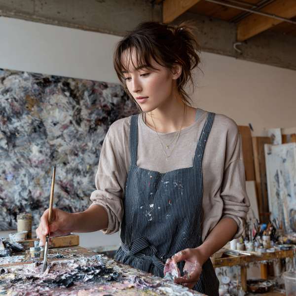 アトリエで絵画を制作する若い女性アーティスト