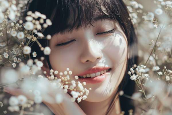 かすみ草に囲まれた笑顔の女性