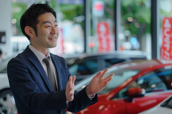 自動車販売店で接客する男性スタッフ
