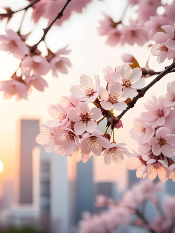 都会のビル群を背景にした美しい桜の花