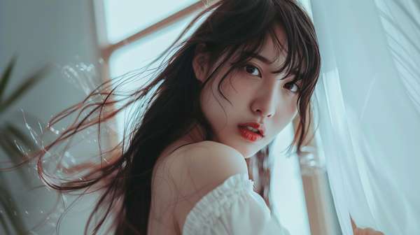 カーテン越しの光に包まれた美しい女性