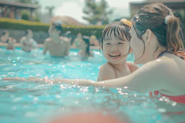 プールで遊ぶ母と娘