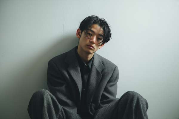 物憂げな表情で壁にもたれかかる若い男性のポートレート