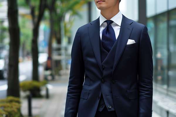 都会の街角に立つ洗練されたスーツ姿の男性