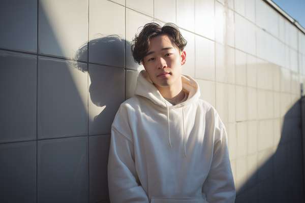 壁にもたれる若いアジア人男性のポートレート
