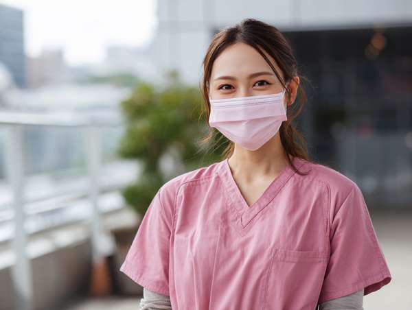 ピンクのスクラブを着てマスクをした医療従事者の女性
