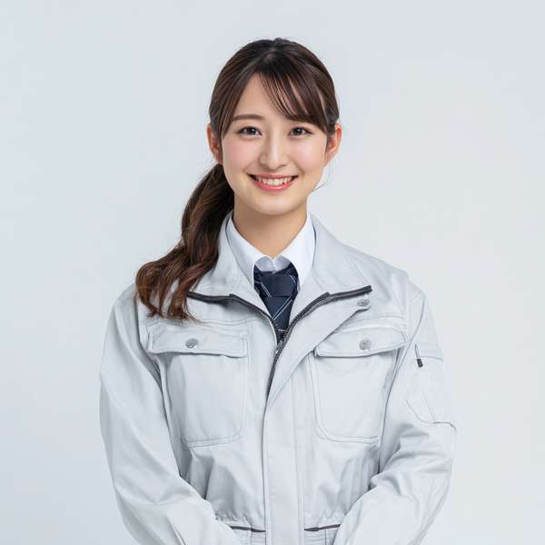 作業着を着た笑顔の若い女性