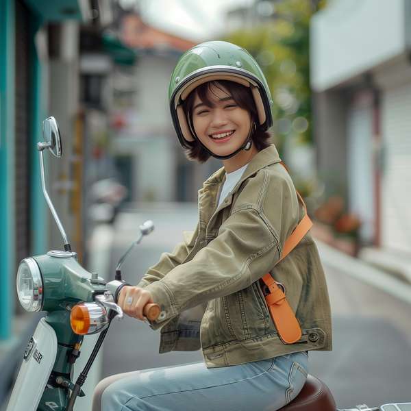 スクーターに乗る笑顔の女性
