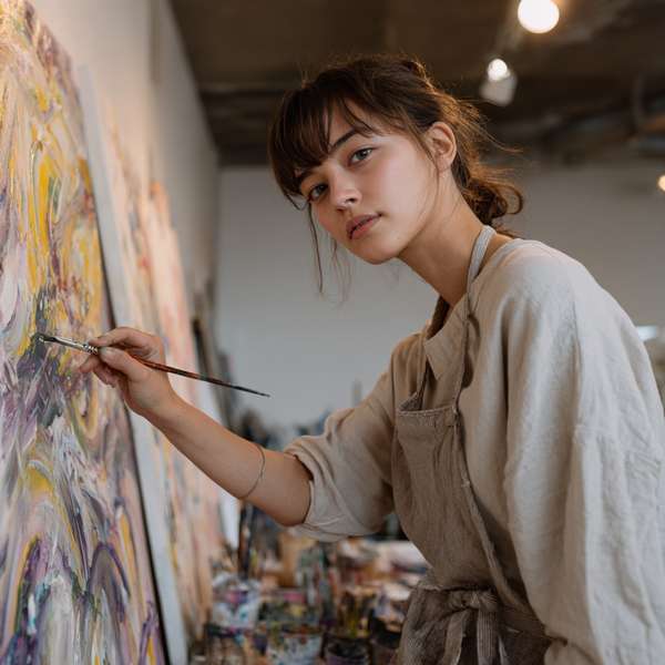 アトリエで絵画を制作する若いアーティストの女性