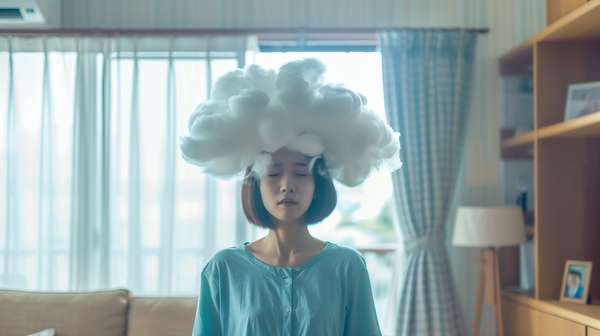 頭の上に雲を載せた瞑想する女性