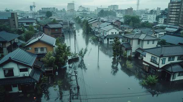 洪水で浸水した日本の住宅街の風景