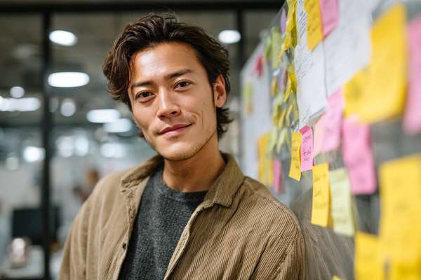 オフィスで微笑む日本人男性