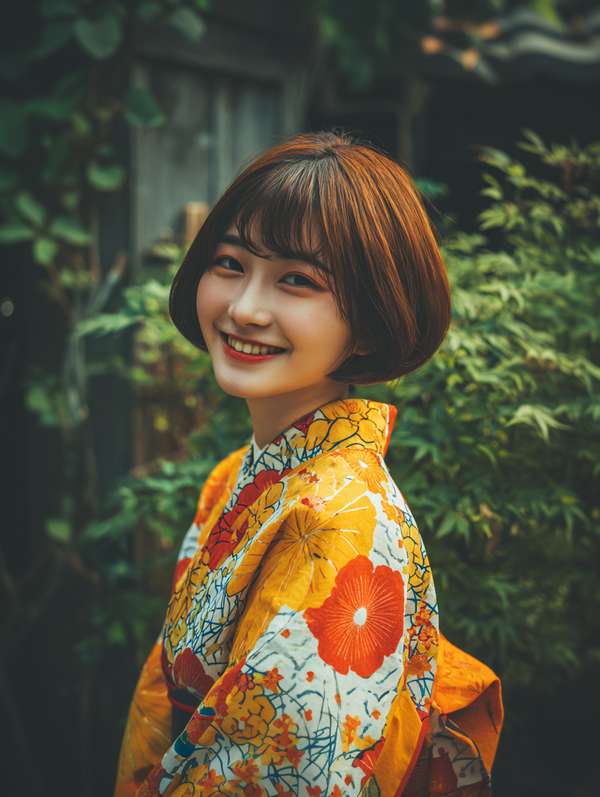浴衣を着て微笑む若い女性