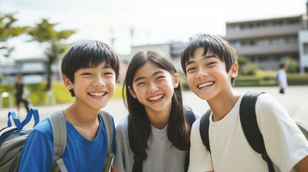笑顔で仲良く登校する中学生の男女