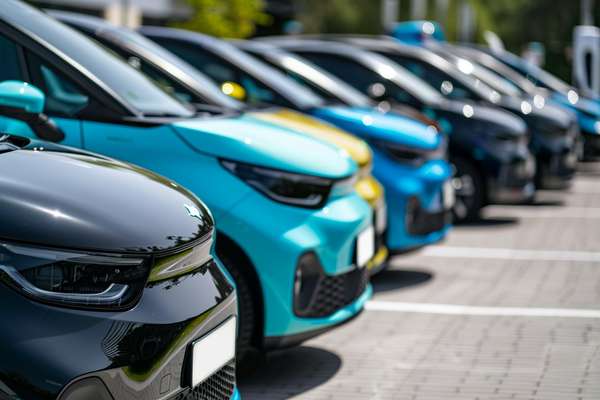 駐車場に並ぶカラフルな電気自動車