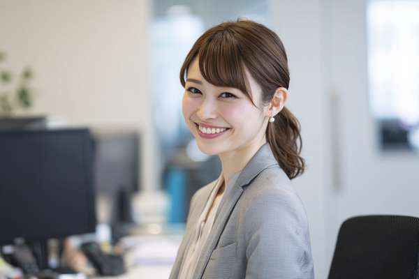 オフィスで微笑む日本人女性会社員