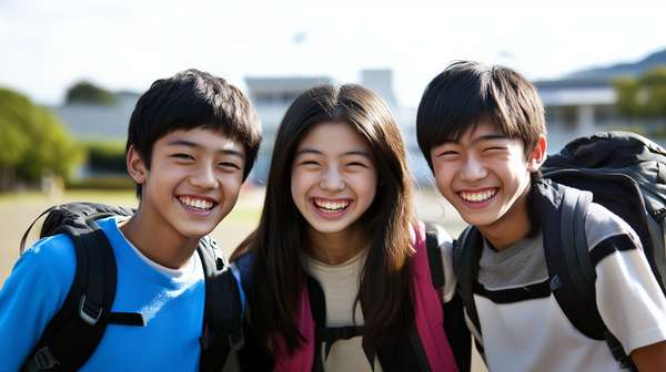 笑顔で登校する3人の学生