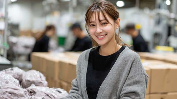 物流倉庫で働く笑顔の女性