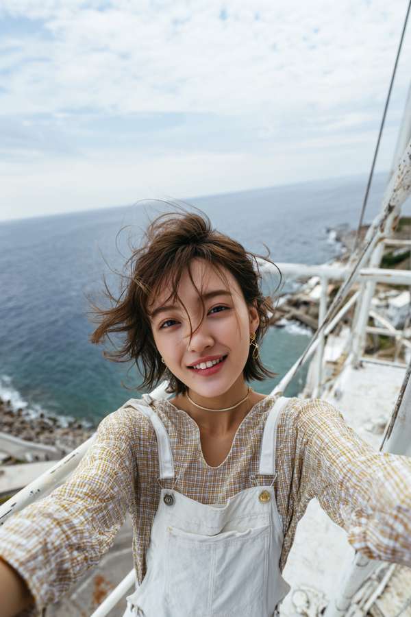海辺で自撮りをする笑顔の女性