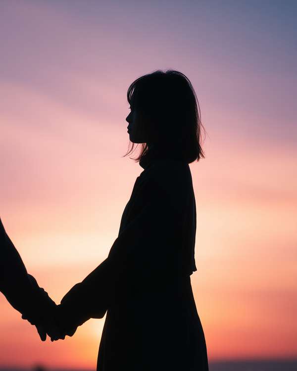 夕暮れ時に手を取り合う二人のシルエット