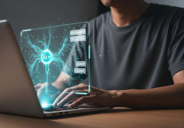 ノートパソコンでAI技術を操作する人物