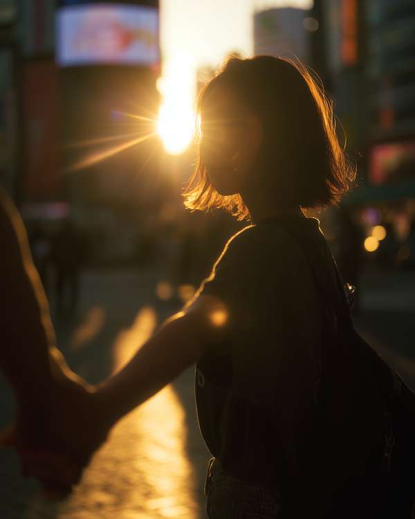 夕暮れ時に手を繋ぐ女性