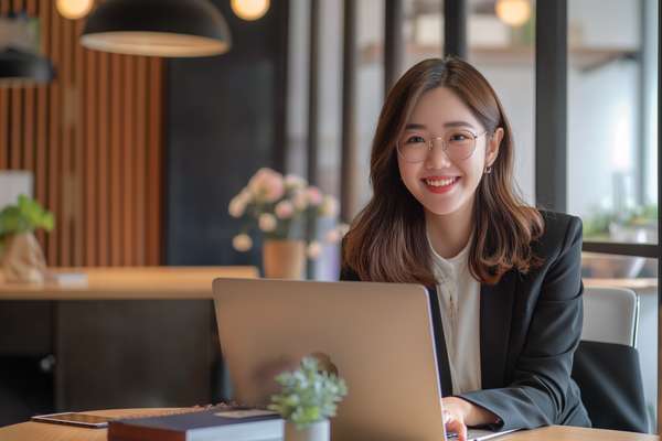 オフィスでパソコン作業をする笑顔の女性