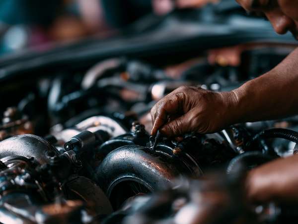 車のエンジンを整備する整備士