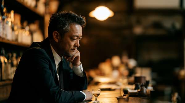 バーで一人考え事をする中年男性