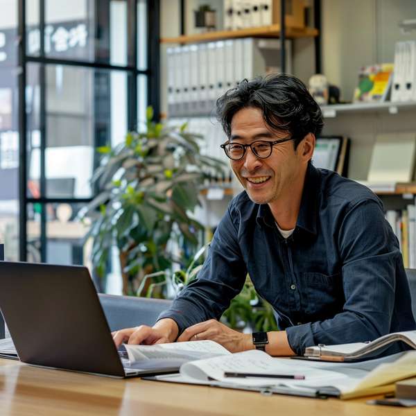 オフィスでPC作業をする笑顔の日本人男性