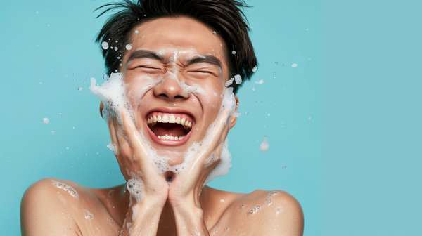 洗顔フォームで顔を洗いながら笑顔を見せる男性