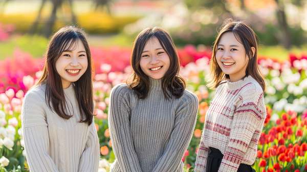 チューリップ畑で微笑む3人の若い女性