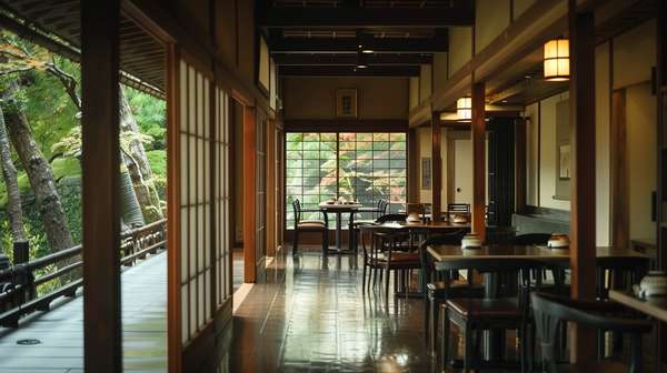 日本庭園を望む伝統的な和風レストランの室内
