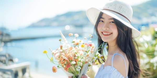 海辺で花束を持つ笑顔の女性