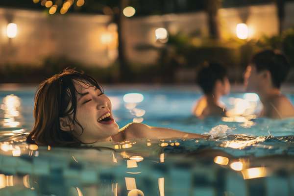 夜のプールで楽しむ女性