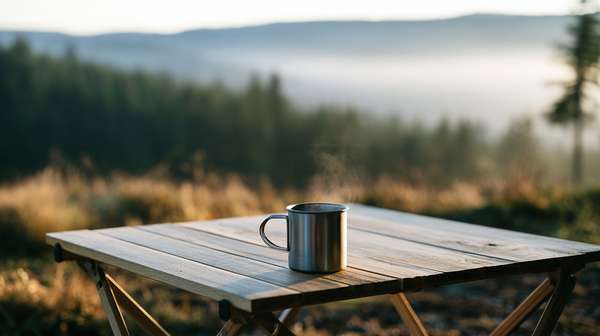 朝霧の中でコーヒーを楽しむキャンプの風景