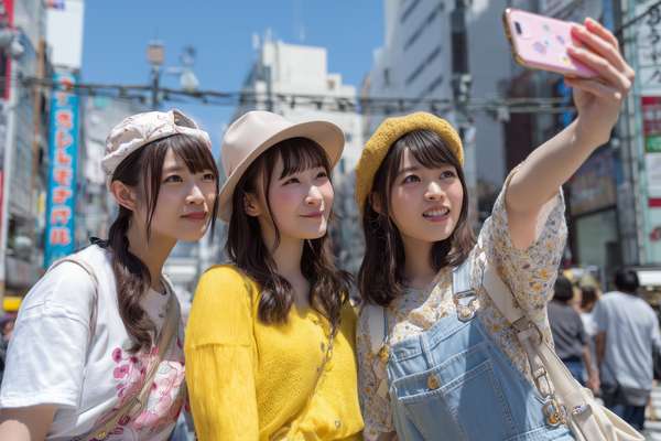 都会の街角で自撮りを楽しむ3人の女性