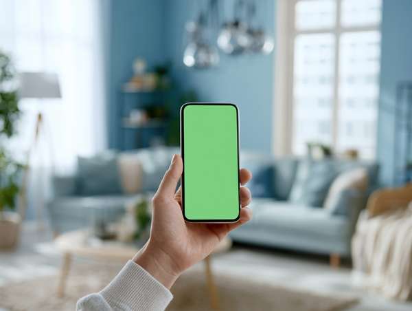 リビングでスマホを持つ手（グリーンバック）