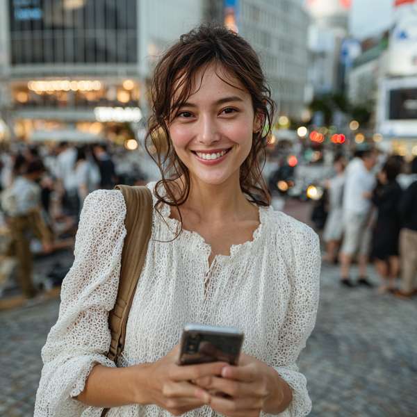 渋谷の街でスマホを持つ笑顔の女性