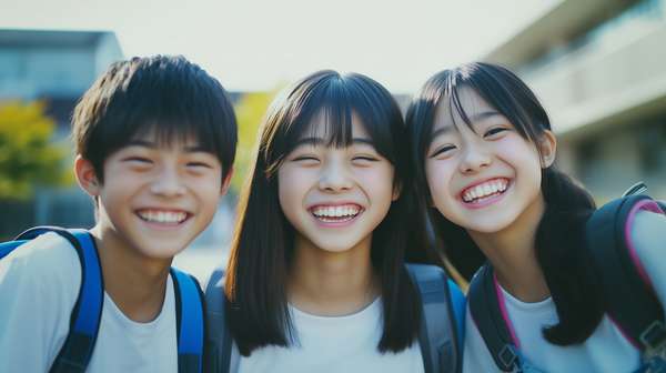 笑顔で登校する中学生の男女