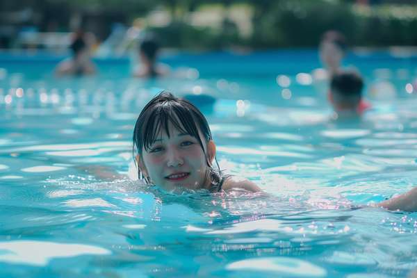 プールで泳ぐ笑顔の若い女性