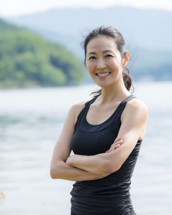 湖を背景に腕を組んで微笑むアクティブな女性