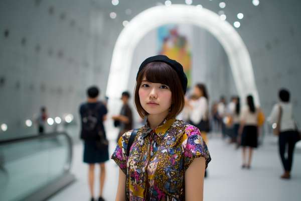 モダンな美術館で佇むベレー帽の女性