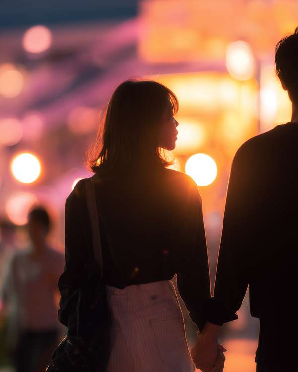 夕暮れ時に手をつなぎ歩くカップルの後ろ姿