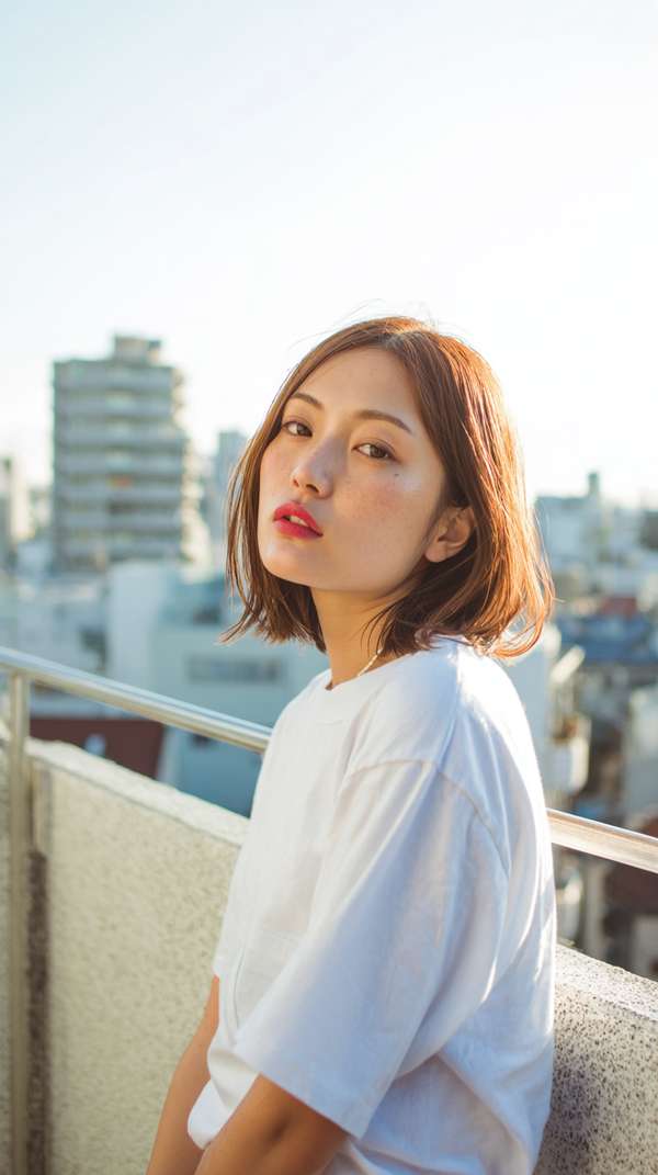 バルコニーでリラックスする自然体な若い女性