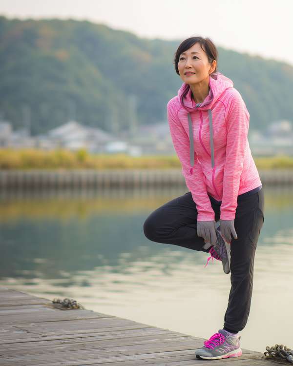 桟橋でストレッチをするアクティブな女性