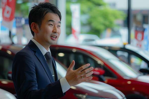 自動車販売店で接客する男性スタッフ